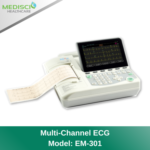 ECG, EKG เป็นเครื่องสำหรับตรวจคลื่นไฟฟ้าหัวใจชนิด 12 ลีด พร้อมวิเคราะห์ผลทั้งเด็กทารกและผู้ใหญ่ จอภาพแสดงรูปคลื่นที่กำลังตรวจบันทึกและแสดงพร้อมกันได้ 12 ลีด และพิมพ์ผลโดยใช้ Thermal Paper